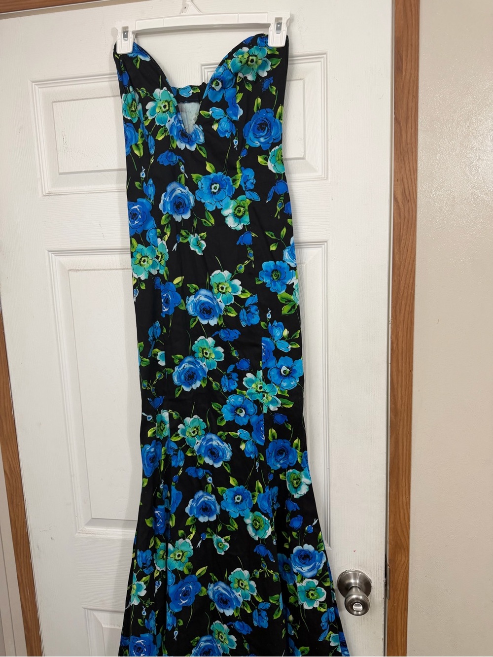 Blue Floral Strapless Maxi Dress - Black Background